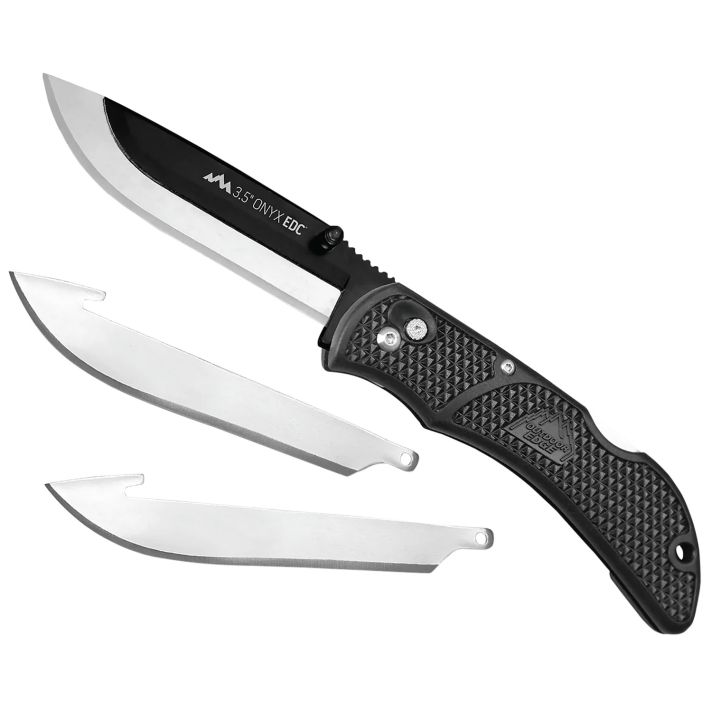 Outdoor Edge OX10C Onyx3 Blades, 3.50" Folding Drop Point Plain Satin/Black Oxide 420J2 SS Blade, 4.50" Black Textured Grivory Handle