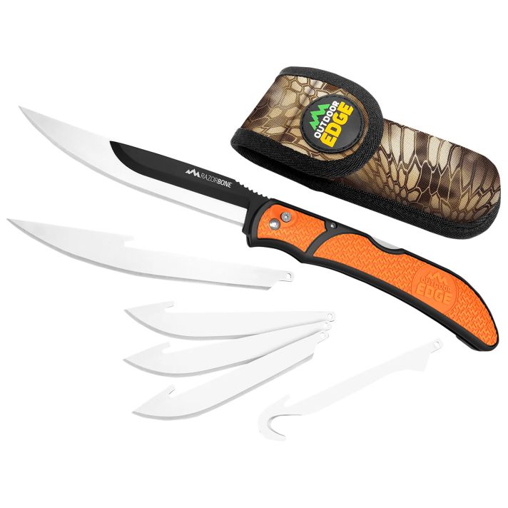 Outdoor Edge RBB20C RazorBone6 Blades, Folding 3.40" Gut Hook/3.50" Drop Point/5" Fillet Satin/Black Oxide 420J2 SS Blades, Blaze Orange Textured Grivory w/TPR Inserts Handle