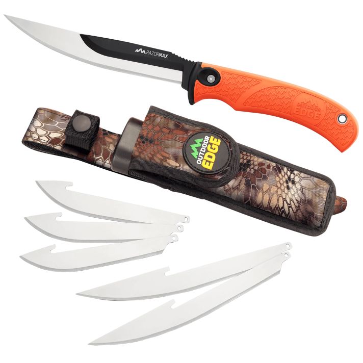 Outdoor Edge RMB20C RazorMax6 Blades, 3.50" Drop Point/5" Boning Fillet Folding Plain Satin/Black Oxide 420J2 SS Blades, Blaze Orange Textured TPR Handle