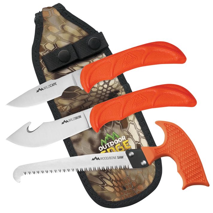 Outdoor Edge WG10C WildGuideFixed Caper/Saw/Skinner w/Gut Hook Satin 420J2 SS Blades, Blaze Orange Textured TPR Handle