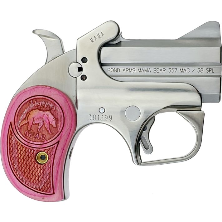 Bond Arms BAMB Mama Bear357 Mag/38 Special 2rd 2.50" Stainless Steel Double Barrel & Frame, Auto Extractors & Rebounding Hammer, Blade Front/Fixed Rear Sights, Pink Wood Grip, Manual Safety