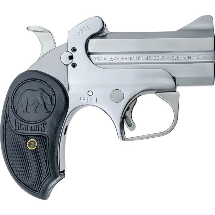 Bond Arms BAPB Papa Bear45 Colt (LC)/410 Gauge 2rd 3" Stainless Steel Double Barrel & Frame, Auto Extractors & Rebounding Hammer, Blade Front/Fixed Rear Sights, Extended Rubber Grip, Manual Safety