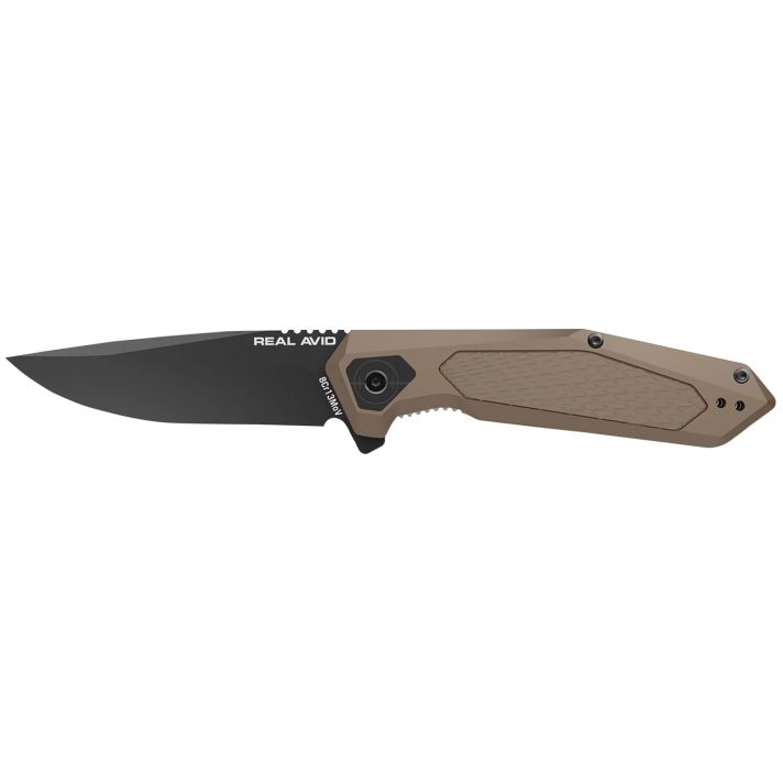 Real Avid AVRAV3 RAV-33.25" Folding Drop Point Plain Black Oxide 8Cr13MoV SS Blade, Flat Dark Earth Textured Aluminum/SS Handle, Clamshell Pkg