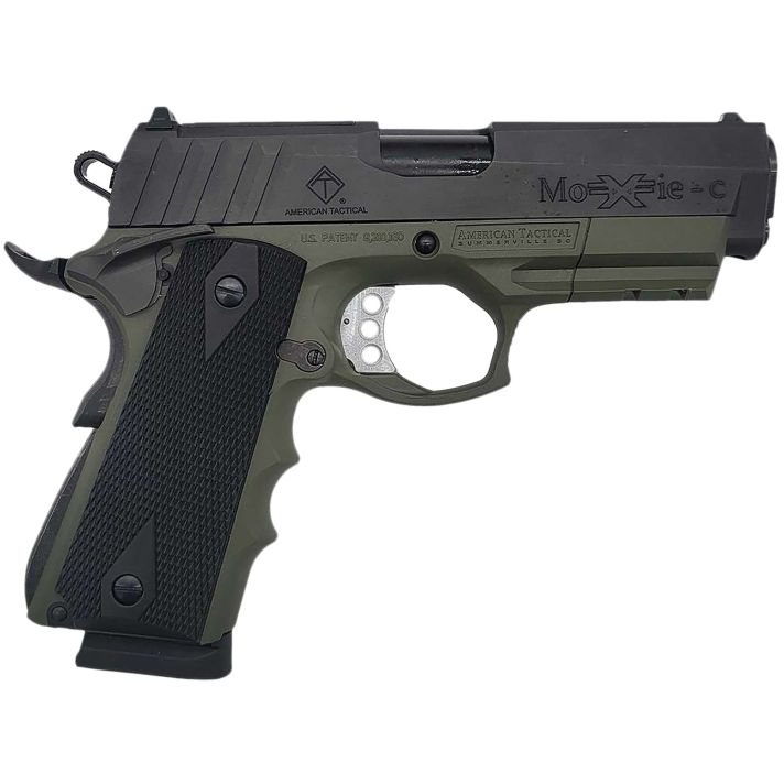 ATI GFXH45MCBFG FXH-45 Moxie 45 ACP 8+1 4.25" Black Nitride Steel Barrel, Black Nitride Serrated Steel Slide, Battlefield Green Polymer Frame w/Beavertail & Picatinny Rail, Black Polymer Grip