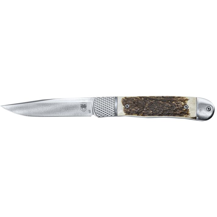 CobraTec Knives CTTHRSTG Trapper Hidden Release 3.12" Flip Open Drop Point Plain Satin D2 Steel Blade, 4.25" Stag Scales Handle