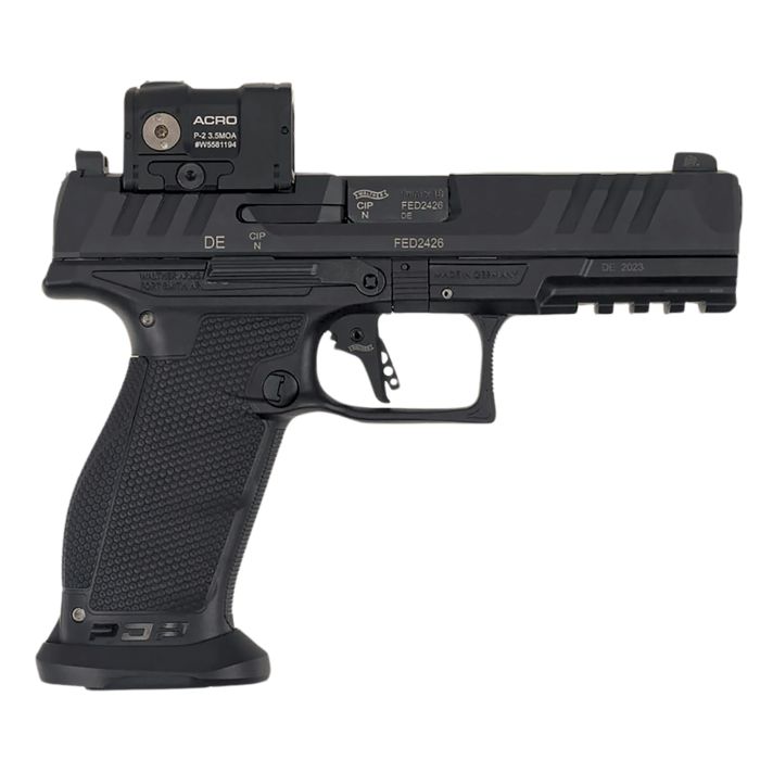 Walther Arms 2881225PRO PDP w/Optic Full Size Frame 9mm Luger 18+1 4.50" Polygonal Rifling Barrel Black Optic Ready/Serrated Steel Slide Black Polymer Frame w/Picatinny Rail, Aimpoint Acro Red Dot