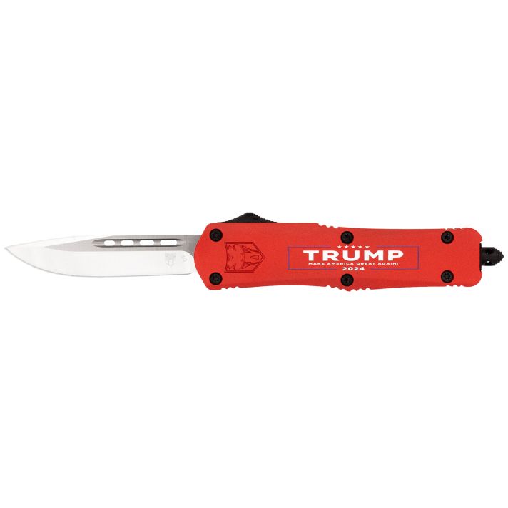CobraTec Knives MTRP24REDDNS FS-3 Trump 2024 Medium OTF Drop Point Plain Satin D2 Steel Blade, 4.50" Red w/Trump, Make America Great Again Aluminum Cerakoted Handle