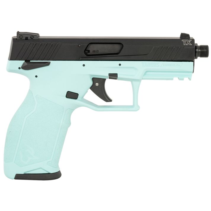 Taurus 1-TX22141C10 TX22Full Size Frame 22 LR 10+1 4.10" Matte Black Threaded Barrel, Matte Black Serrated Slide, Cyan Polymer Frame w/Picatinny Rail, Textured Grip
