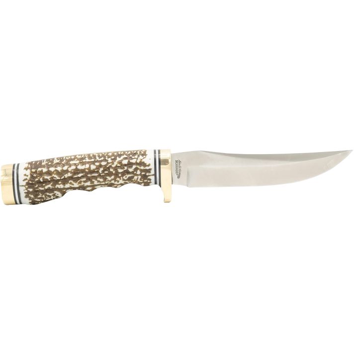 Uncle Henry 1100087 Next Gen Golden Spike 5" Fixed Plain Satin Polished Stainless Steel Blade, Brown Brass Accents Staglon Handle