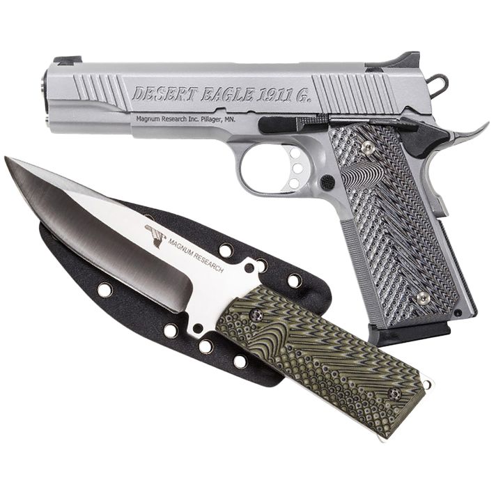 Magnum Research DE1911GSS-K Desert Eagle 1911w/ 1911 Fixed Blade Knife 45 ACP 8+1 5.01" Stainless Steel Slide Matte Stainless Steel Black/Gray G10 Grip
