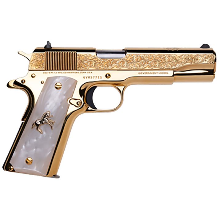 Cnc Firearms CNCELRANCH Colt 1911 El Ranchero 38 Super 7+1 5" Stainless Steel Barrel, 24K Gold Plated Serrated w/Engraved Scrollwork Slide, 24K Gold Plated Steel Frame, Mother of Pearl Grip
