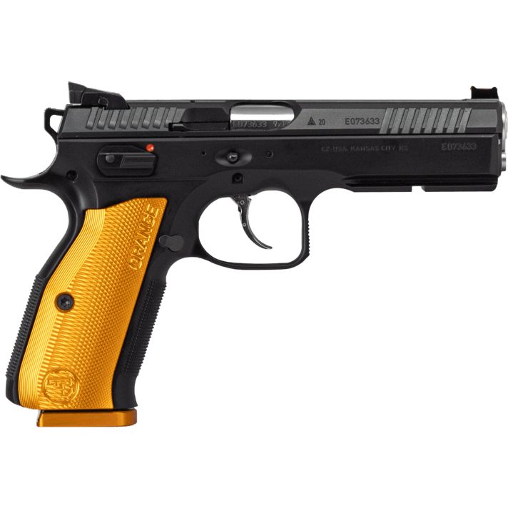 CZ-USA 91248 Shadow 29mm Luger 17+1 4.89" Stainless Steel Barrel, Black Nitride Optic Cut/Serrated Slide, Black Steel Frame w/Beavertail & Picatinny Rail, Orange Checkered Aluminum Grip