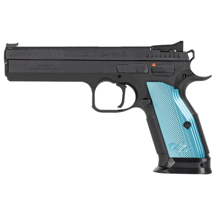 CZ-USA 01220 TS 29mm Luger 10rd 5.28" Black Steel Barrel, Black Nitride Serrated Slide, Black Steel Frame w/Beavertail, Blue Textured Aluminum Grip
