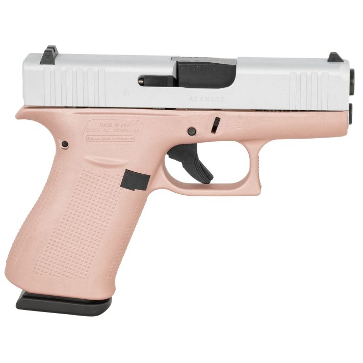 Glock UX4350204RGFCSS G43Sub-Compact Frame 9mm Luger 10+1 3.41" Black GMB Barrel, Crushed Silver Serrated Steel Slide, Rose Gold Polymer Frame w/Beavertail, Textured Polymer Grip, Ambidextrous