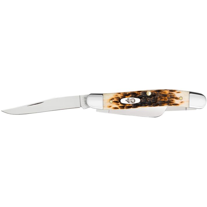 Case 00042 StockmanMedium 2.57"/1.88"/1.71" Folding Clip Point/Sheepsfoot/Spey Plain Mirror Polished Tru-Sharp SS Blade Peach Seed Jigged Amber Bone Handle