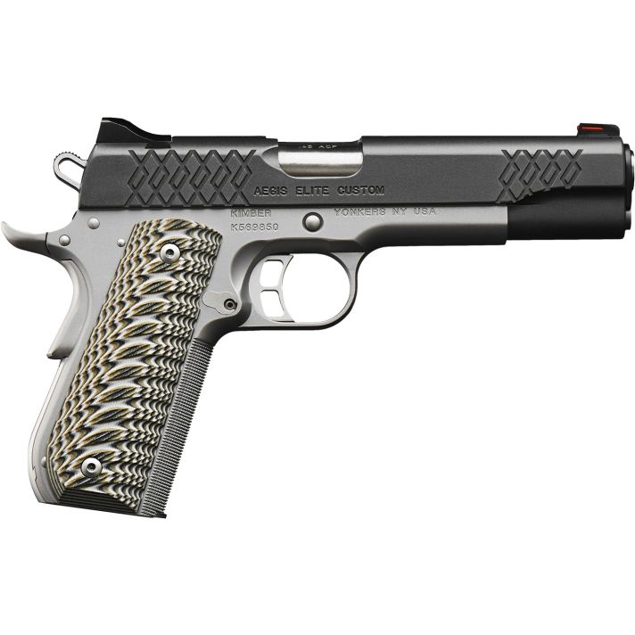 Kimber Mfg, Inc 3000350 Aegis Elite Custom 9mm Luger 9+1 5" Stainless Match Grade Barrel, KimPro II Black Serrated Stainless Steel Slide, Satin Silver Stainless Steel Frame w/Beavertail, G10 Grip