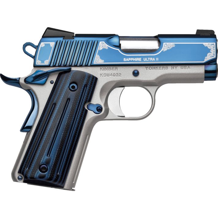 Kimber Mfg, Inc 3200362 Ultra II45 ACP 7+1 3" Stainless Match Grade Barrel, Engraved Sapphire Blue PVD Serrated Stainless Steel Slide, Satin Silver Aluminum Frame w/Beavertail, G10 Grip