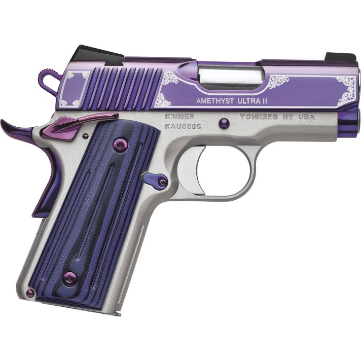 Kimber Mfg, Inc 3200363 Ultra II45 ACP 7+1 3" Stainless Match Grade Barrel, Engraved Purple Amethyst PVD Serrated Stainless Steel Slide, Satin Silver Aluminum Frame w/Beavertail, G10 Grip