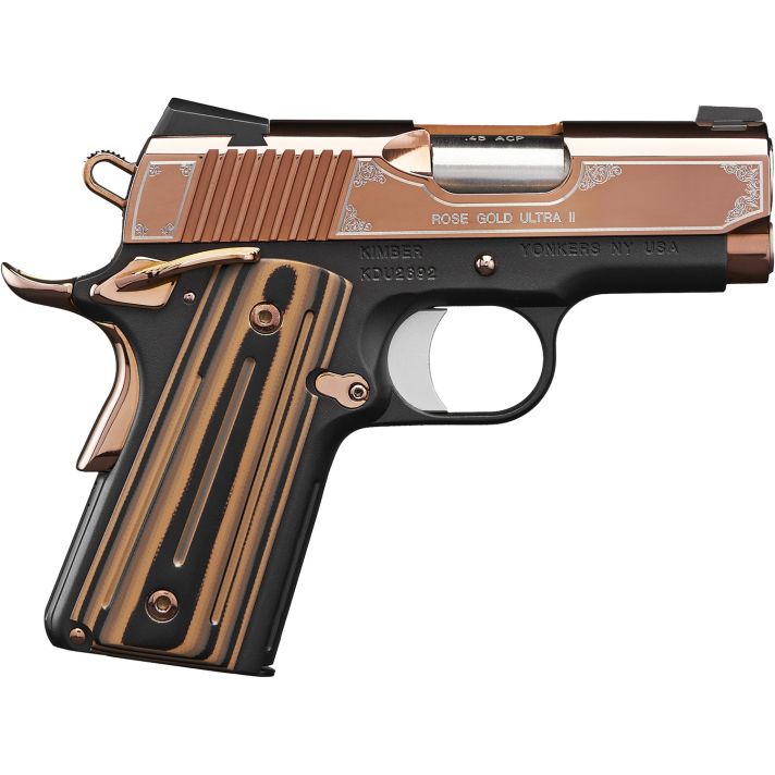 Kimber Mfg, Inc 3200373 Ultra II45 ACP 7+1 3" Stainless Match Grade Barrel, Engraved Rose Gold PVD Serrated Stainless Steel Slide, Kimpro II Black Aluminum Frame w/Beavertail, G10 Grip