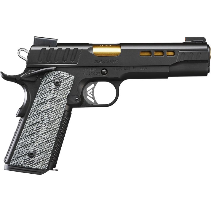 Kimber Mfg.,inc 3000384 Rapide10mm 8+1 5" Gold TiN Steel Barrel, KimPro II Black Lightening Cut/Serrated Stainless Steel Slide, Kimpro II Black Steel Frame w/Beavertail, G10 Grip