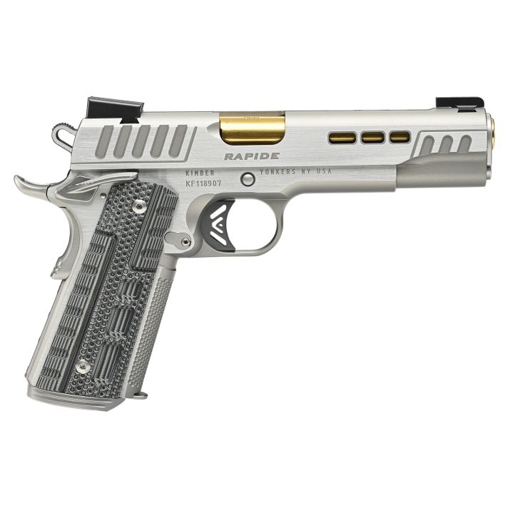Kimber Mfg.,inc 3000423 Rapide Dawn 45 ACP 8+1 5" Gold TiN Stainless Steel Barrel, Lightening Cut/Serrated Stainless Steel Slide, Stainless Steel Frame w/Beavertail, Black & Gray G10 Grip
