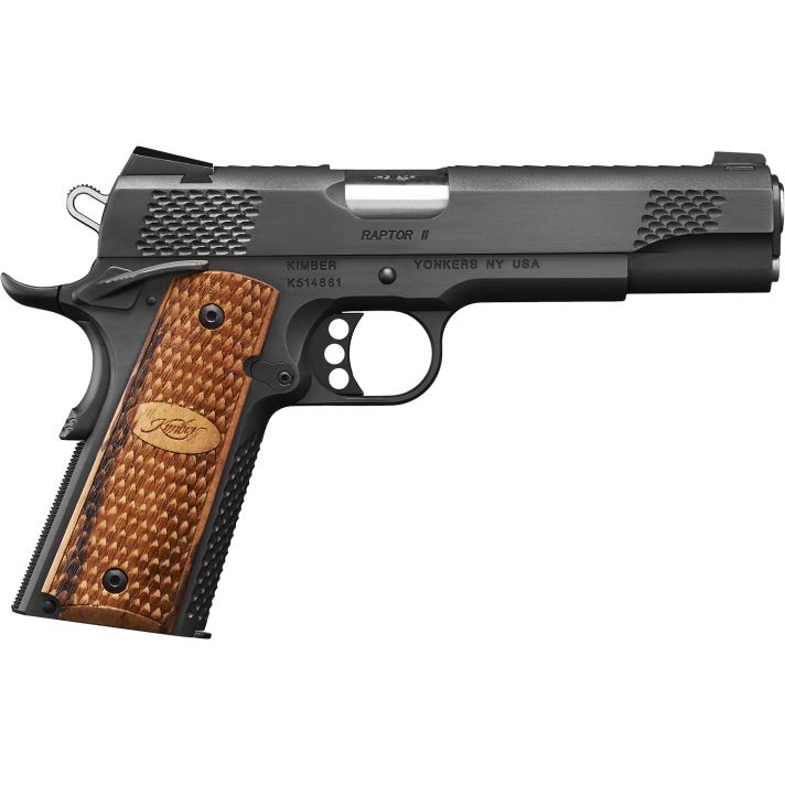 Kimber Mfg, Inc 3200117 Raptor II45 ACP 8+1 5" Stainless Match Grade Barrel, Matte Black Serrated Steel Slide, Matte Black Steel Frame w/Beavertail, Zebrawood Grip