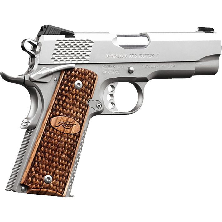 Kimber Mfg.,inc 3200195 Stainless Pro Raptor II 45ACP 8+1 4" Stainless Steel Slide Satin Silver Zebrawood w/ Scale Pattern and Kimber Logo Grip
