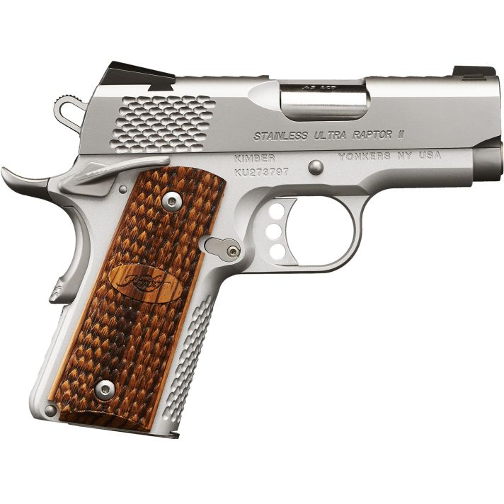 Kimber Mfg, Inc 3200375 Raptor II Ultra 45 ACP 7+1 3" Stainless Match Grade Barrel, Satin Silver Serrated Stainless Steel Slide, Matte Silver Aluminum Frame w/Beavertail, Zebrawood Grip
