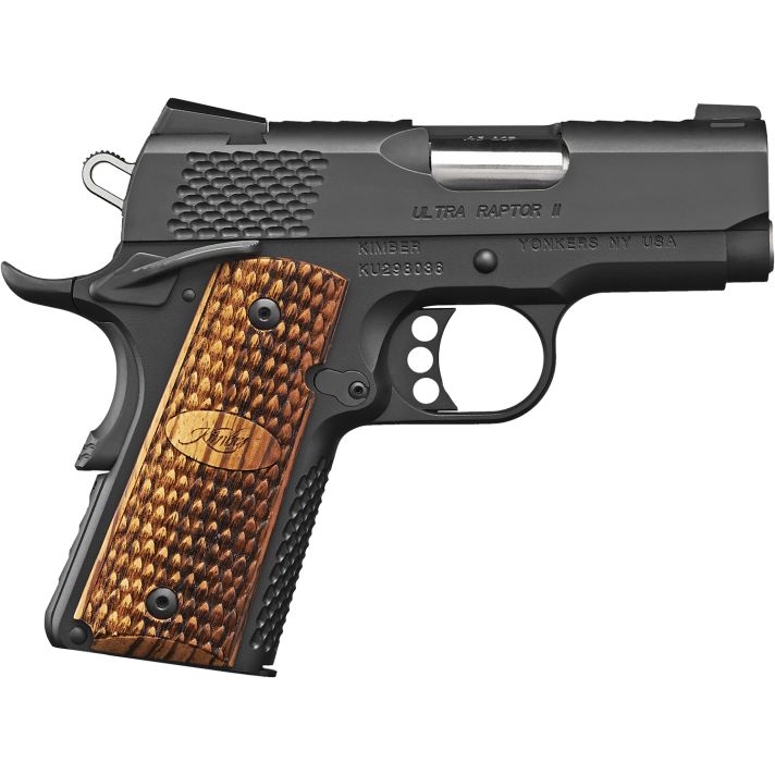 Kimber Mfg, Inc 3200378 Raptor II Ultra 45 ACP 7+1 3" Stainless Match Grade Barrel, Matte Black Serrated Steel Slide, Matte Black Aluminum Frame w/Beavertail, Zebrawood Grip