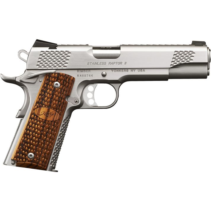 Kimber Mfg, Inc 3200386 Raptor II10mm Auto 8+1 5" Stainless Match Grade Barrel, Satin Silver Serrated Stainless Steel Slide, Satin Silver Stainless Steel Frame w/Beavertail, Zebrawood Grip