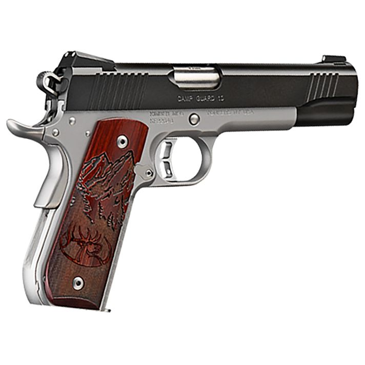 Kimber Mfg, Inc 3000233 Camp Guard10mm Auto 8+1 5" Stainless Match Grade Barrel, Matte Black Serrated Stainless Steel Slide, Satin Silver Stainless Steel Frame w/Beavertail, Rosewood Grip
