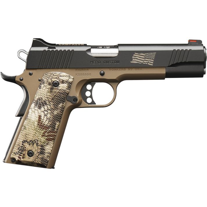 Kimber Mfg.,inc 3200383 Hero Custom II Boot Campaign 45ACP 7+1 5" KimPro II Front Serrations Stainless Steel Slide Desert Tan KimPro II Composite Kryptek Highlander Grip