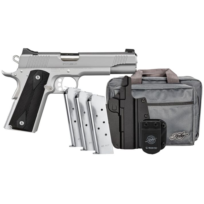 Kimber Mfg, Inc 3700826 Stainless LW Club Bundle Full Size Frame 45 ACP 7+1 5" Stainless Match Grade Barrel, Serrated Stainless Steel Slide, Stainless Aluminum Frame w/Beavertail, Black Textured Grip
