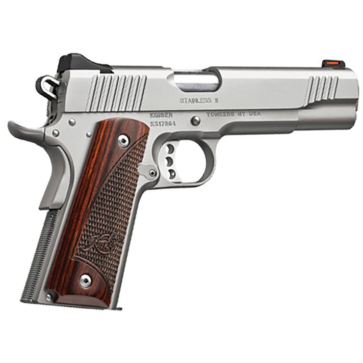 Kimber Mfg, Inc 3200385 Stainless II10mm 8+1 5" Satin Silver Front Serrations Stainless Steel Slide Rosewood with Kimber logo Grip