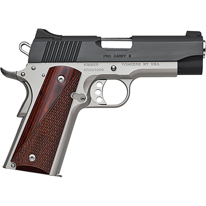 Kimber Mfg, Inc 3200320 Pro Carry II45 ACP 7+1 4" Stainless Match Grade Barrel, Matte Black Brushed Serrated Steel Slide, Satin Silver Aluminum Frame w/Beavertail, Rosewood Grip