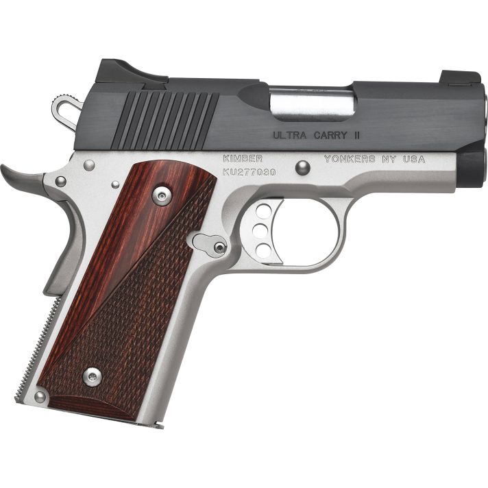 Kimber Mfg, Inc 3200332 Ultra Carry II9mm Luger 8+1 3" Stainless Match Grade Barrel, Matte Black Brushed Serrated Steel Slide, Satin Silver Aluminum Frame w/Beavertail, Rosewood Grip