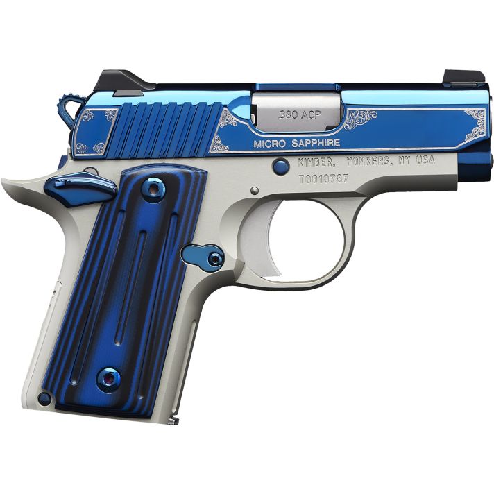 Kimber Mfg.,inc 3300090 Micro Sapphire NS 380 ACP 7+1 2.75" Polished Bright Blue PVD Coating Cut Scroll Engraving and Border Stainless Steel Thin blue/black ball-milled G-10 Grip