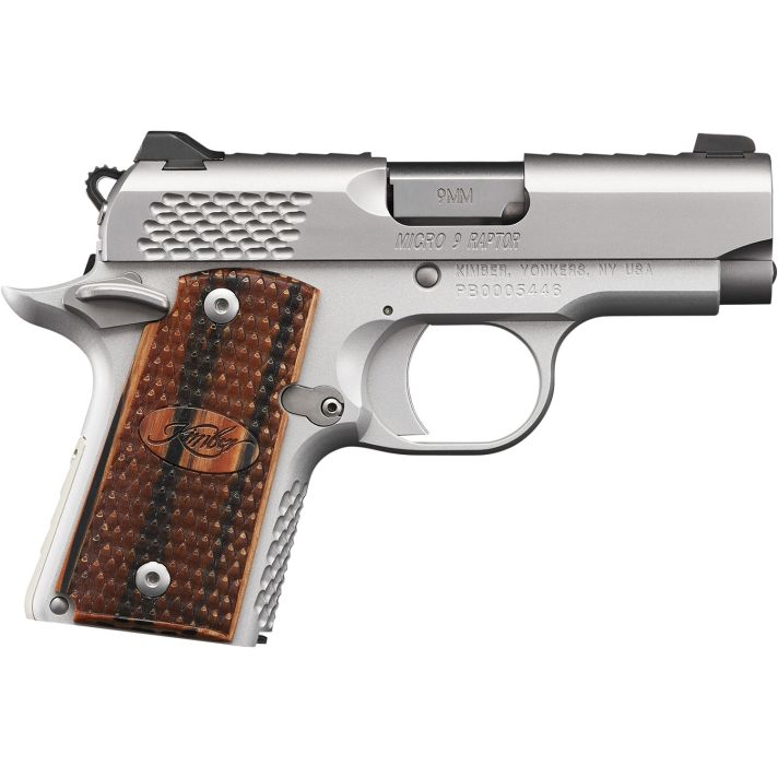 Kimber Mfg.,inc 3300109 Micro 9 Stainless Raptor 9mm 6+1 3.15" Stainless Steel Slide KimPro Silver Zebrawood with Scale Pattern and Kimber logo Grip
