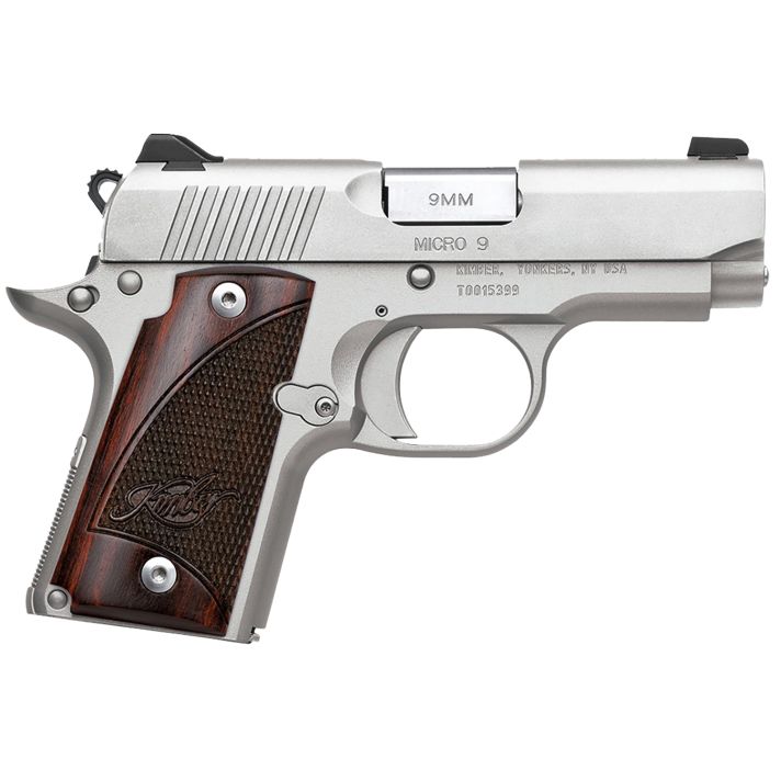 Kimber Mfg, Inc 3300158 Micro 99mm Luger 7+1 3.15" Match Grade Barrel, Satin Silver Stainless Steel Serrated Slide, Satin Silver Aluminum Frame w/Beavertail, Rosewood Grip