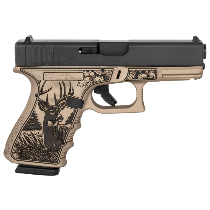 Glock PI1950204TRPHYBUCK G19 Gen3 Compact Frame 9mm Luger 15+1 4.02" Black Steel Barrel, Black Cerakote Serrated Steel Slide, Trophy Buck Cerakote Polymer Frame w/Picatinny Rail, Textured Polymer Grip
