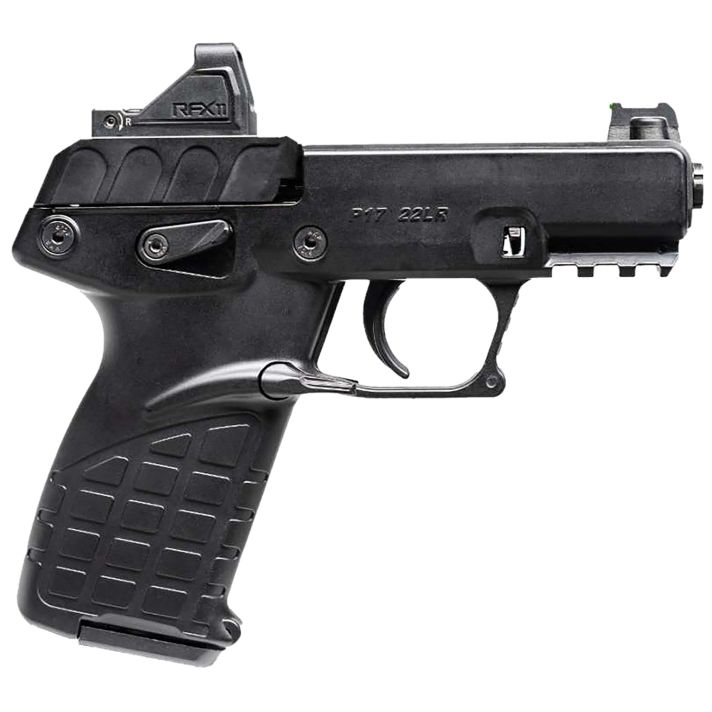 Kel-Tec P17BBLKOPTIC P17Compact Frame 22 LR 16+1 3.80" Black Steel Barrel, Black Serrated Steel Slide, Black Polymer Frame w/Picatinny Rail, Textured Grip, Viridian RFX-11 Green Dot, Ambidextrous
