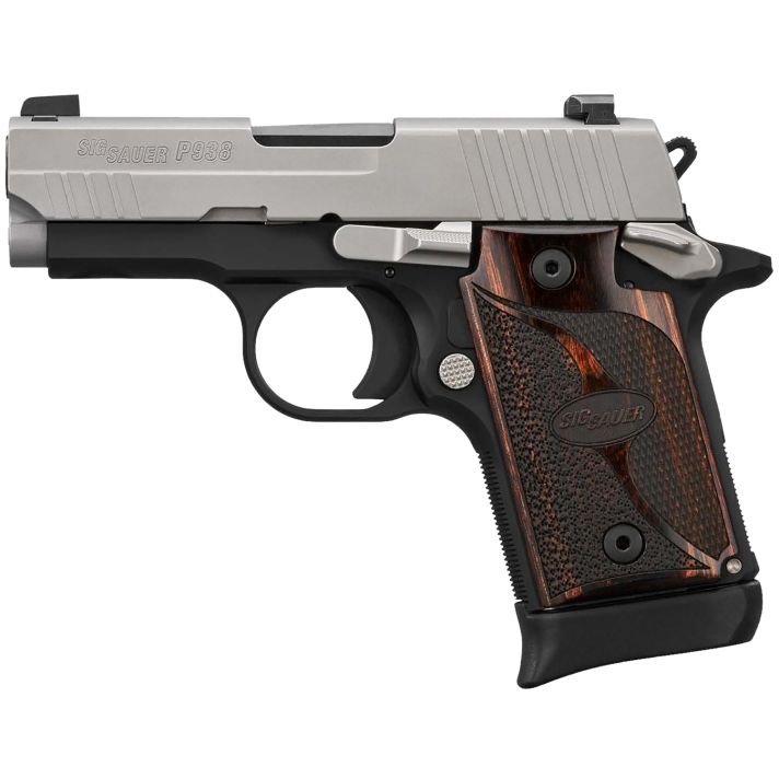 Sig Sauer 9389TXR3AMBI P938Micro-Compact Frame 9mm Luger 6+1/7+1 3" Black Steel Barrel, Bead Blast Serrated Stainless Steel Slide, Black Anodized Aluminum Frame w/Beavertail, Rosewood Hogue Grip