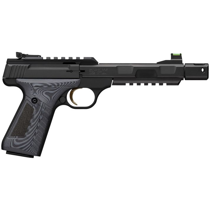 Browning 051598490 Buck Mark Contour Pro 22 LR 10+1 4.40" Black Threaded w/Compensator Barrel, Matte Black Picatinny Rail Receiver, Matte Black Aluminum Frame w/Picatinny Rail, Black/Gray G10 Grip