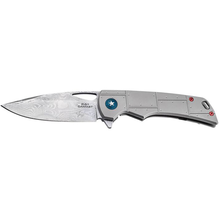 Boker 01BO910DAM P-51 Damast3.35" Drop Point Plain Silver Acid Etch Damascus Blade Titanium Handle