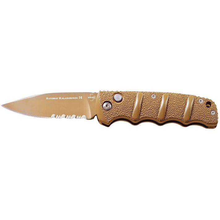 Boker 01KALS103Kalashnikov 3.35" Spear Point Plain/Serrated Desert D2 Steel Blade Aluminum Handle