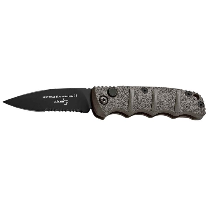 Boker 01KALS96Kalashnikov 2.52" Drop Point Plain/Serrated Black D2 Steel Blade Gray Aluminum Handle