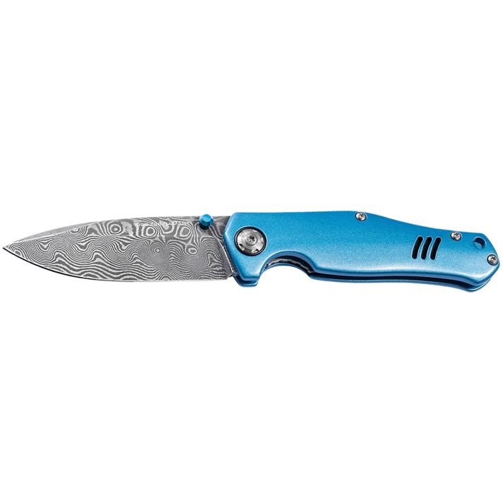 Boker 111101DAM 3.15" Drop Point Damascus Blade Blue Aluminum Handle