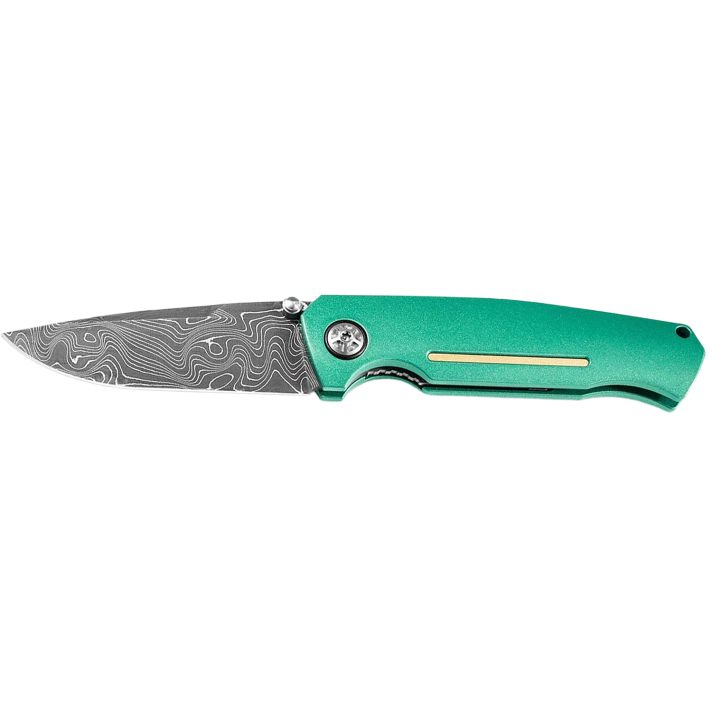 Boker 111102DAM 3.22" Drop Point Plain Damascus Blade Green Aluminum Handle