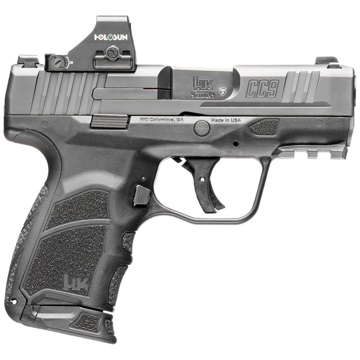HK 81001131 CC99mm Luger 10+1/12+1 3.32" Black Polygonal Rifled Barrel, Optic Ready RMSc/407k Footprint/Serrated Steel Slide, Polymer Frame w/Picatinny Rail, Black Interchangeable Backstrap Grip