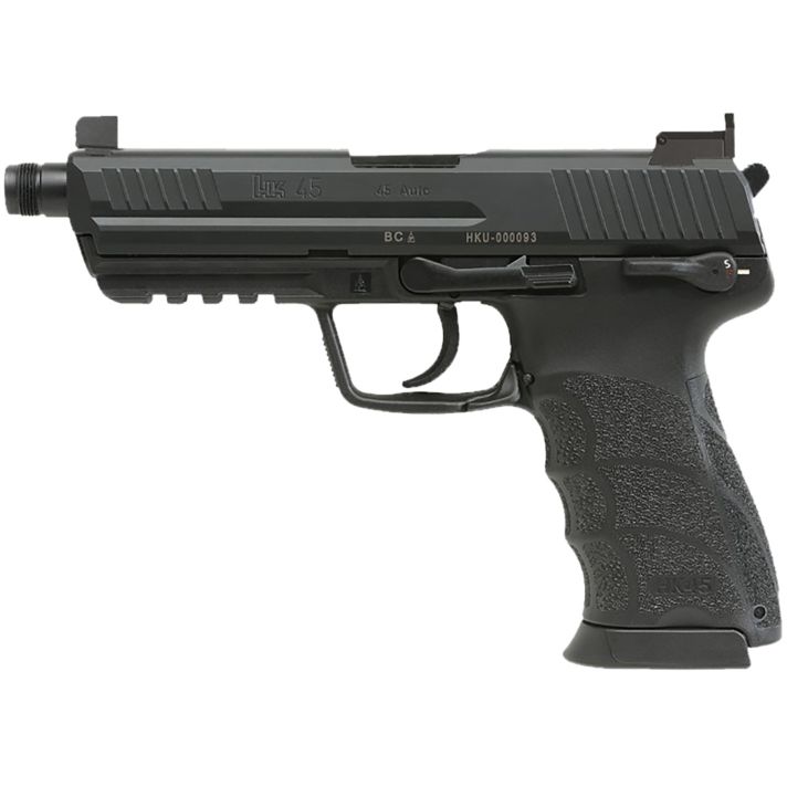 HK 81001117 HK45 V1 .45 ACP 10+1 4.46" Black Threaded Barrel, Black Cerakote Serrated Steel Slide, Black Polymer Frame w/Picatinny Rail, Ambidextrous